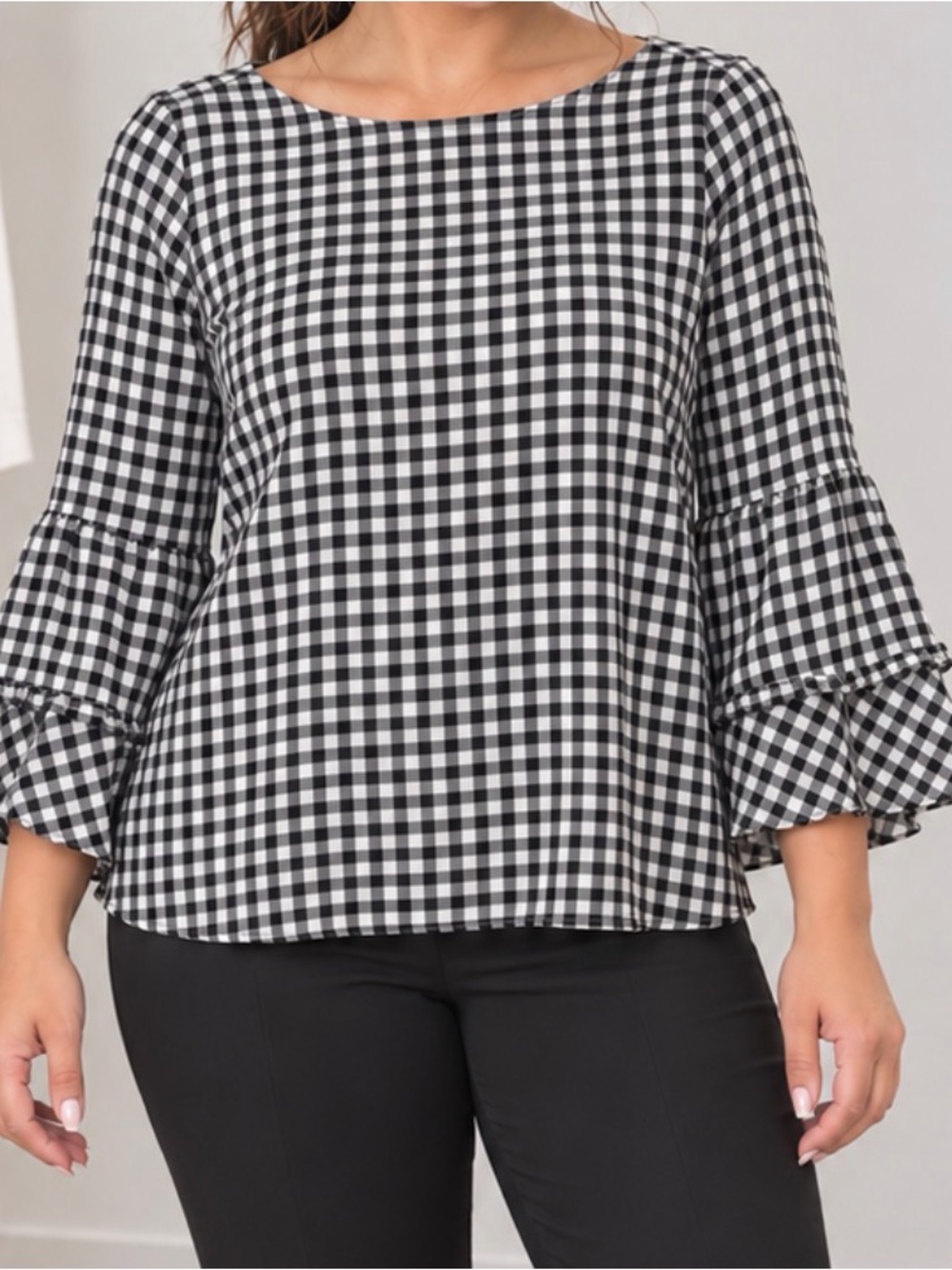 Studio Black and White Gingham Ruffle Bell-Sleeve Top